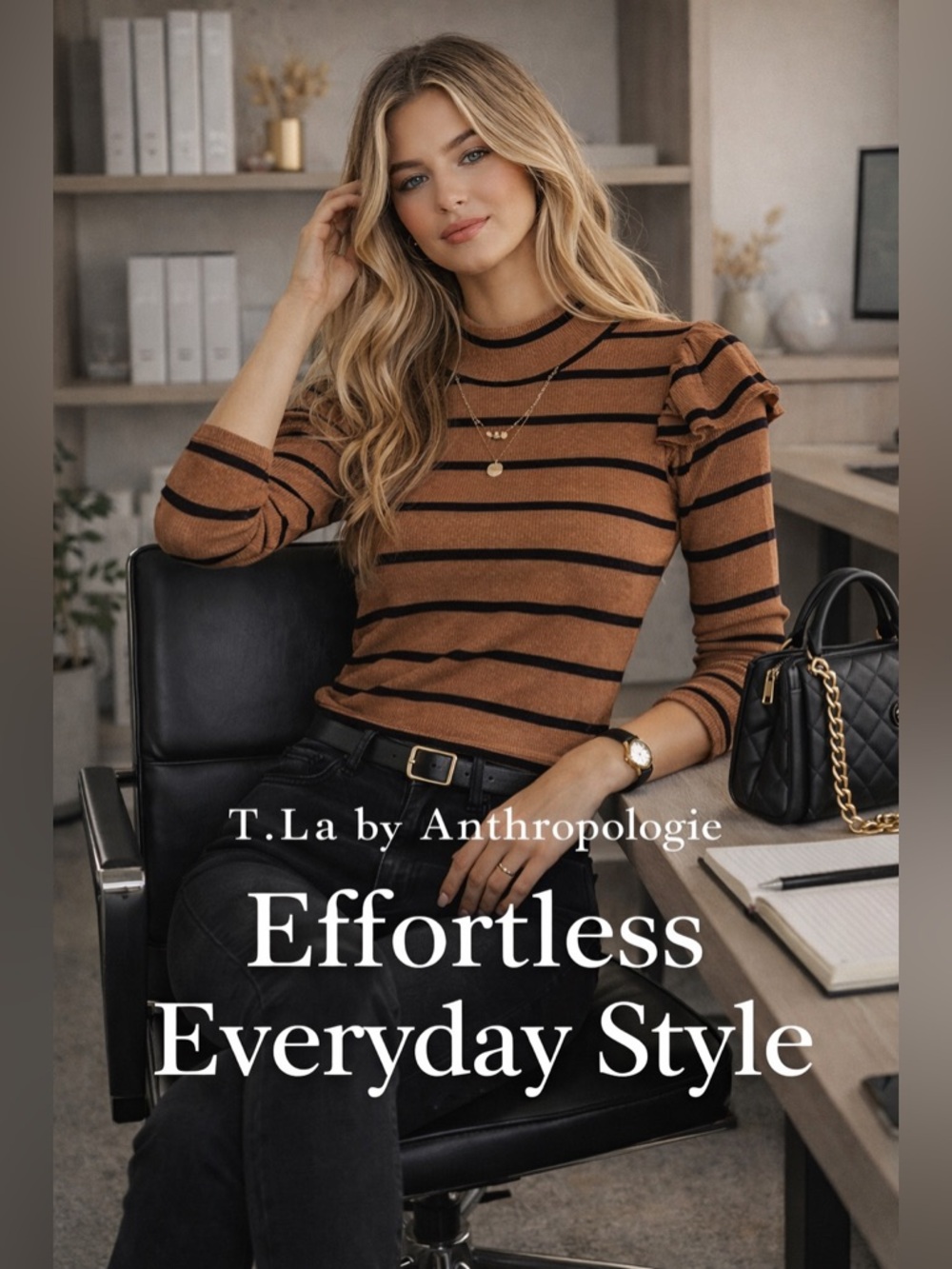 T.La by Anthropologie Striped Mock Neck Ruffle Top | Brown & Black | Size Medium